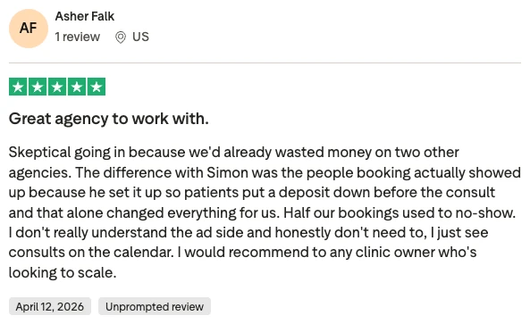 Trustpilot review from Asher Falk, rated 5 out of 5, titled "Great agency to work with."