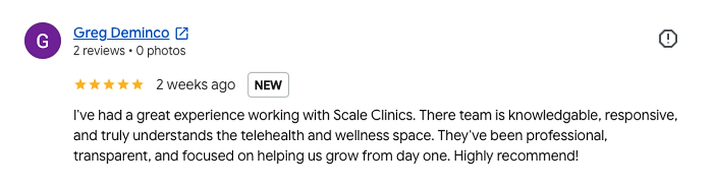 Google review from Greg Deminco, rated 5 out of 5, describing ScaleClinics as knowledgeable, responsive and transparent.